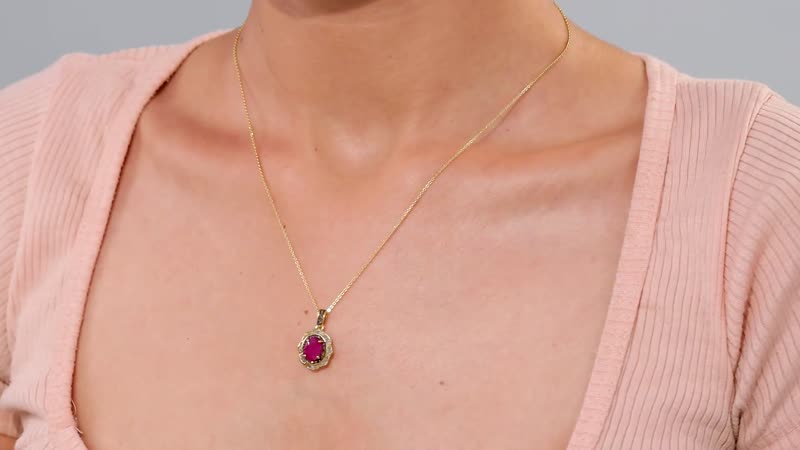AAA Royal Ruby, Red and White Diamond 2.00 ctw Nelumbo Nucifera Flower Pendant Necklace in 18K Vermeil Yellow Gold Over Sterling Silver 20 Inches
