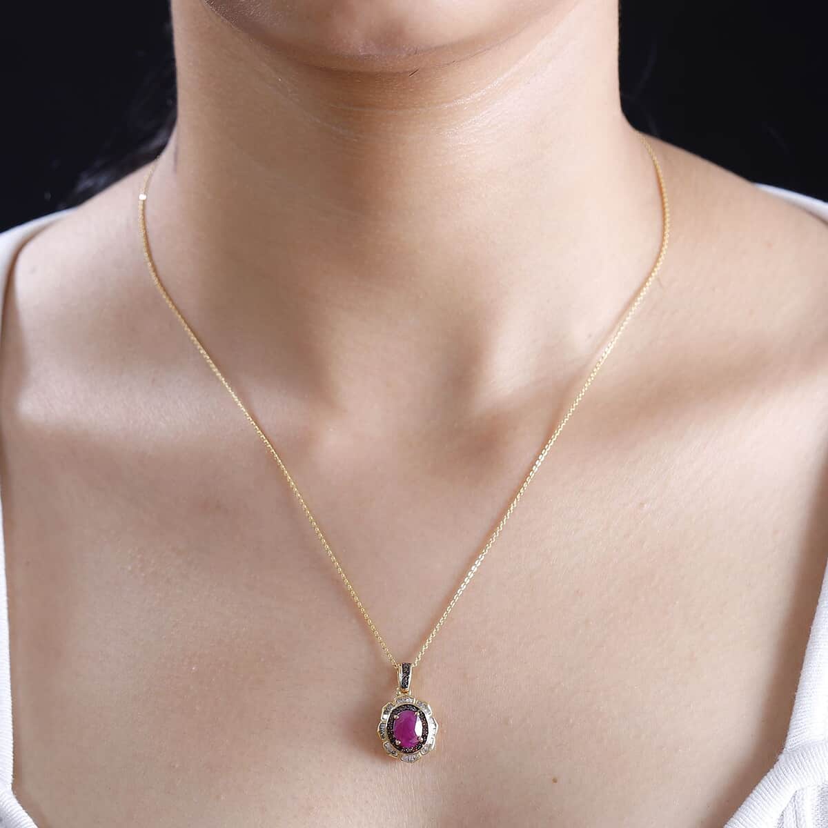 AAA Royal Ruby, Red and White Diamond 2.00 ctw Nelumbo Nucifera Flower Pendant Necklace in 18K Vermeil Yellow Gold Over Sterling Silver 20 Inches image number 2