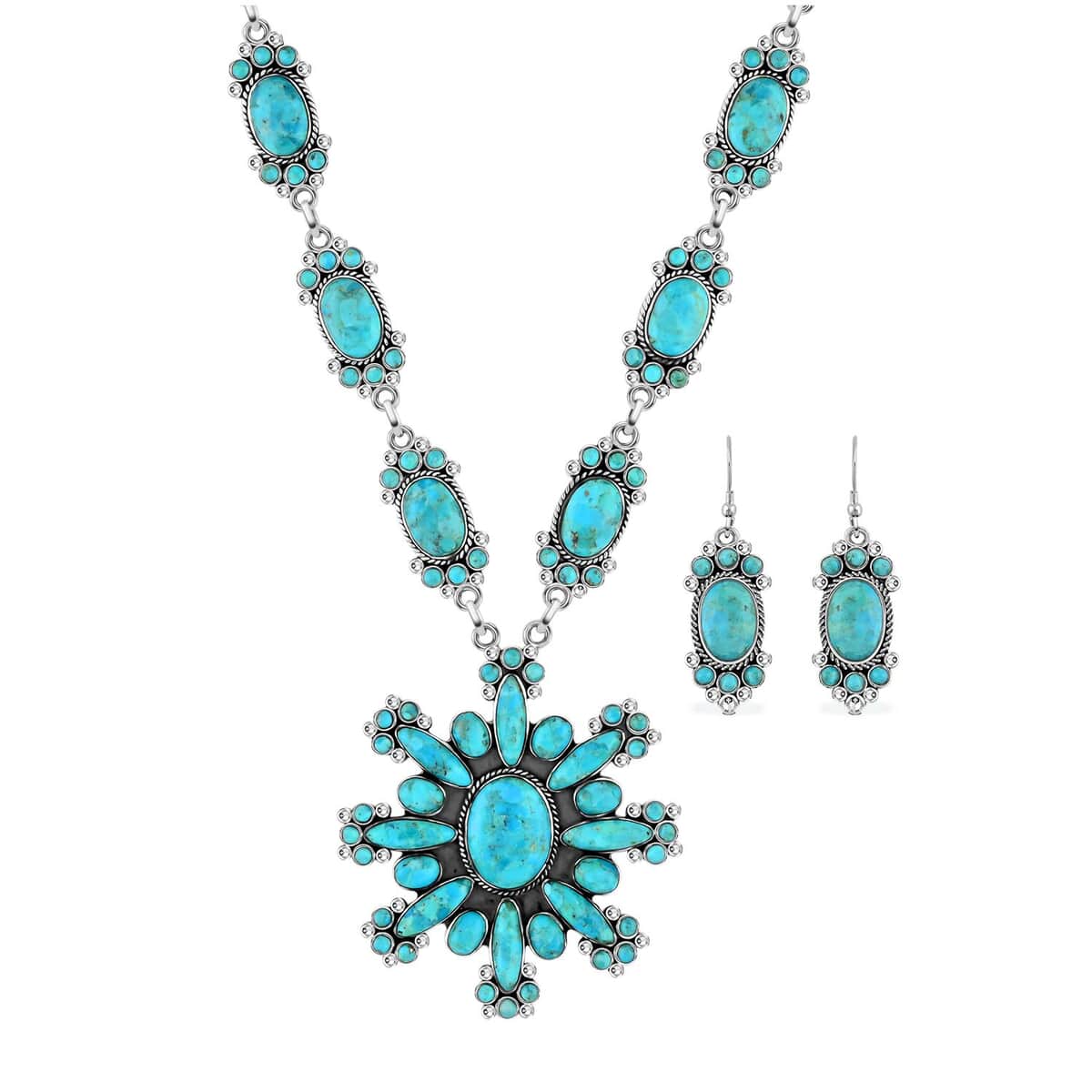 Santa Fe Style Kingman Turquoise 326.50 ctw Necklace 18 Inches and Earrings in Sterling Silver image number 0