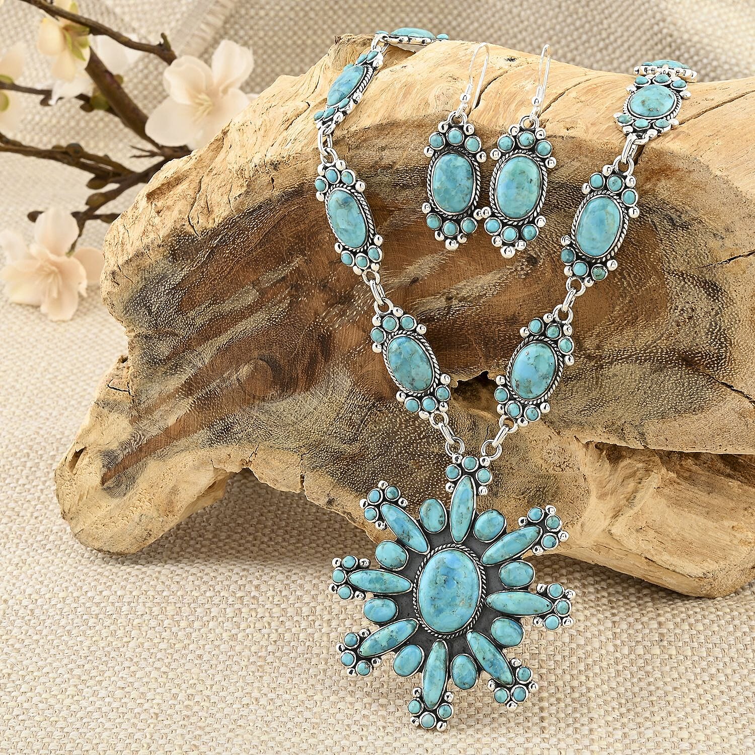 Santa Fe Style Kingman Turquoise 326.50 ctw Necklace 18 Inches and Earrings in Sterling Silver