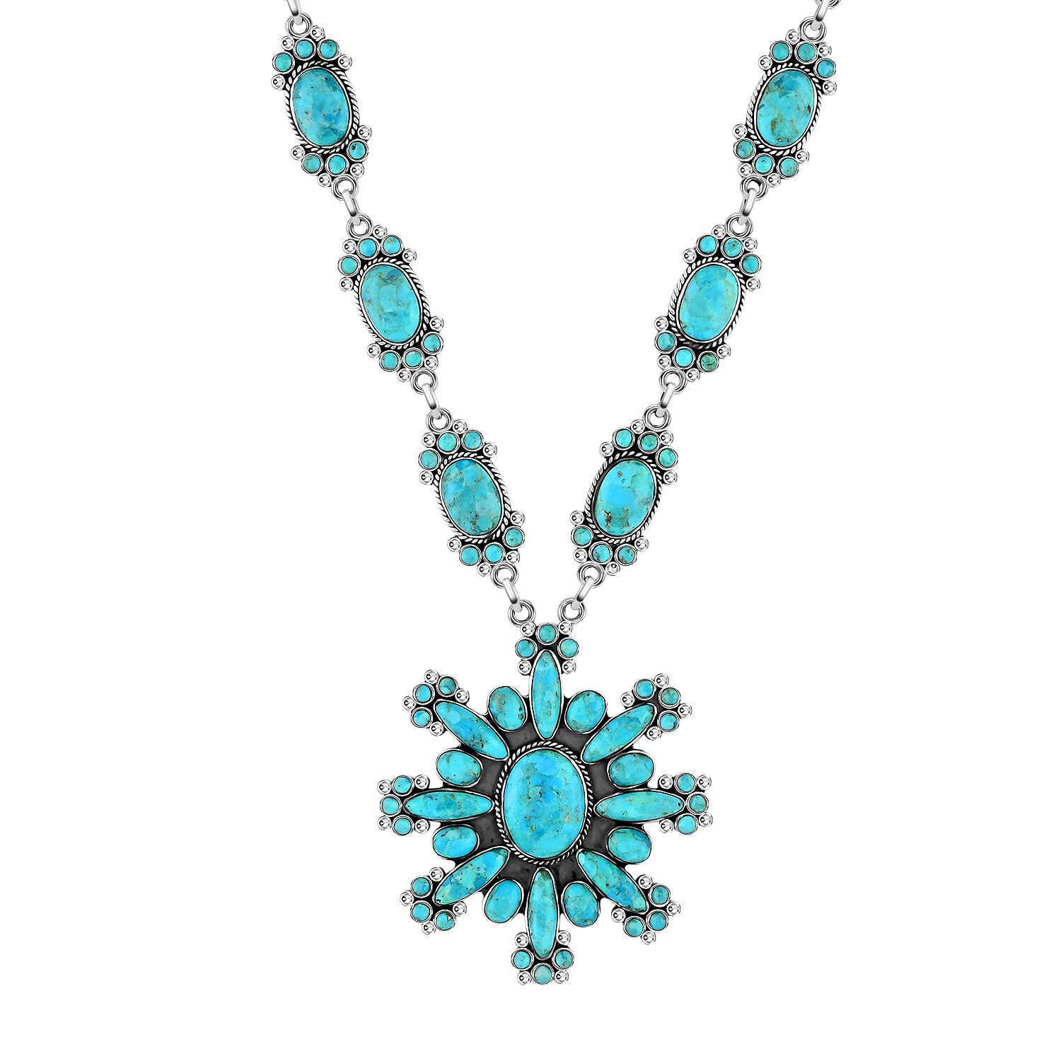 Santa Fe Style Kingman Turquoise 326.50 ctw Necklace 18 Inches and Earrings in Sterling Silver