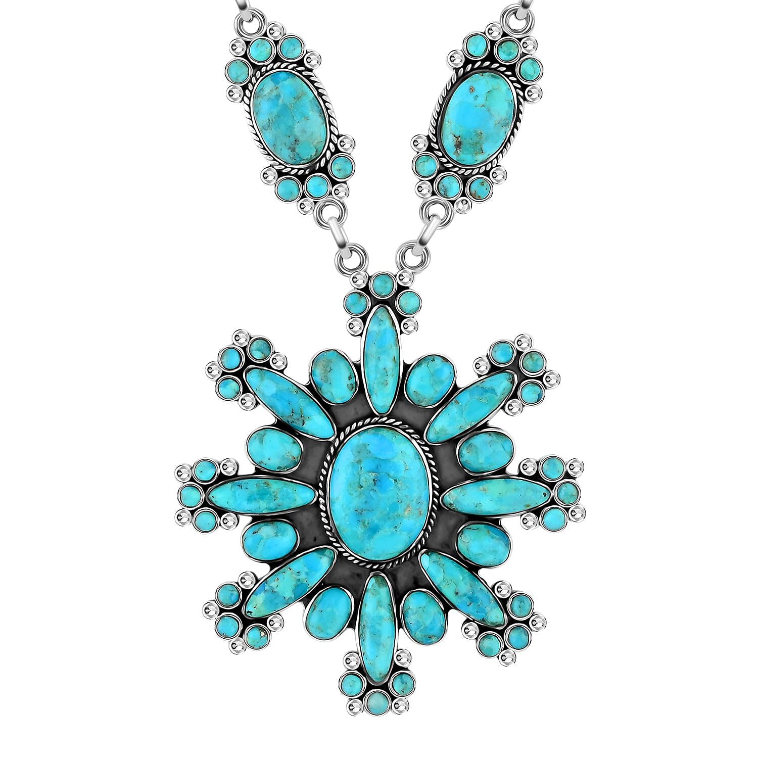 Santa Fe Style Kingman Turquoise 326.50 ctw Necklace 18 Inches and Earrings in Sterling Silver