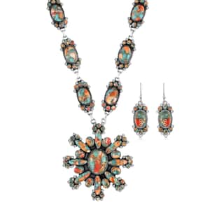 Santa Fe Style Spiny Turquoise 326.50 ctw Necklace 18 Inches and Earrings in Sterling Silver