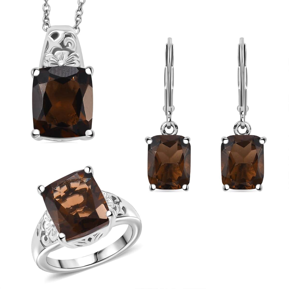 Doorbuster Karis Brazilian Smoky Quartz Earrings, Ring (Size 5.0), Pendant in Platinum Bond with Stainless Steel Necklace (20 Inches) 15.10 ctw image number 0