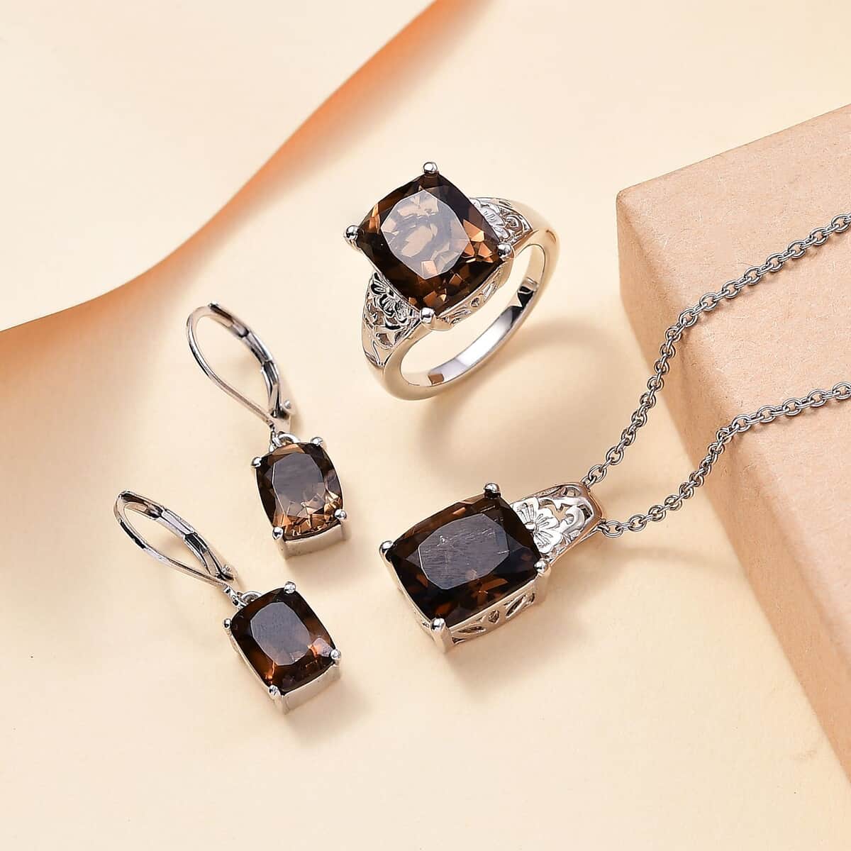 Doorbuster Karis Brazilian Smoky Quartz Earrings, Ring (Size 5.0), Pendant in Platinum Bond with Stainless Steel Necklace (20 Inches) 15.10 ctw image number 1