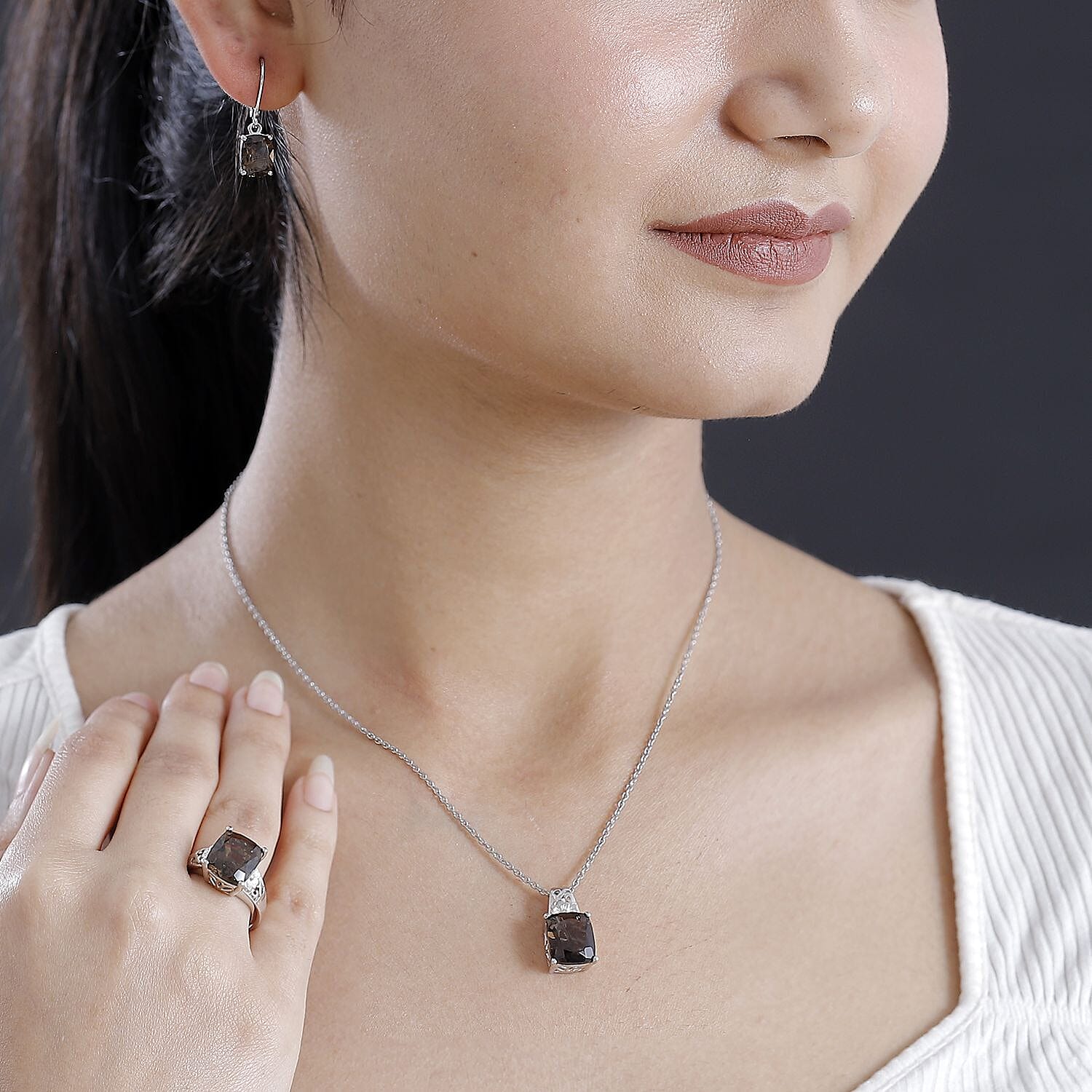 Karis Brazilian Smoky Quartz 15.10 ctw Lever Back Earrings, Blooming Grace Ring (Size 5.0) and Pendant in Platinum Bond with Stainless Steel Necklace 20 Inches