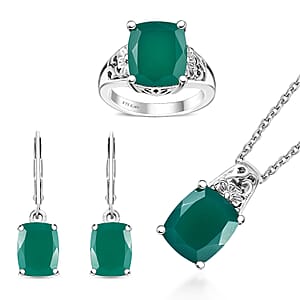 Karis Green Onyx 13.60 ctw Lever Back Earrings, Blooming Grace Ring (Size 7.0) and Pendant in Platinum Bond with Stainless Steel Necklace 20 Inches
