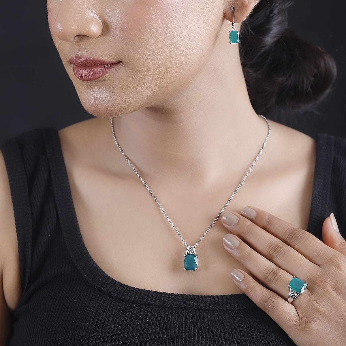 Karis Green Onyx 13.60 ctw Lever Back Earrings, Blooming Grace Ring (Size 7.0) and Pendant in Platinum Bond with Stainless Steel Necklace 20 Inches image number 3