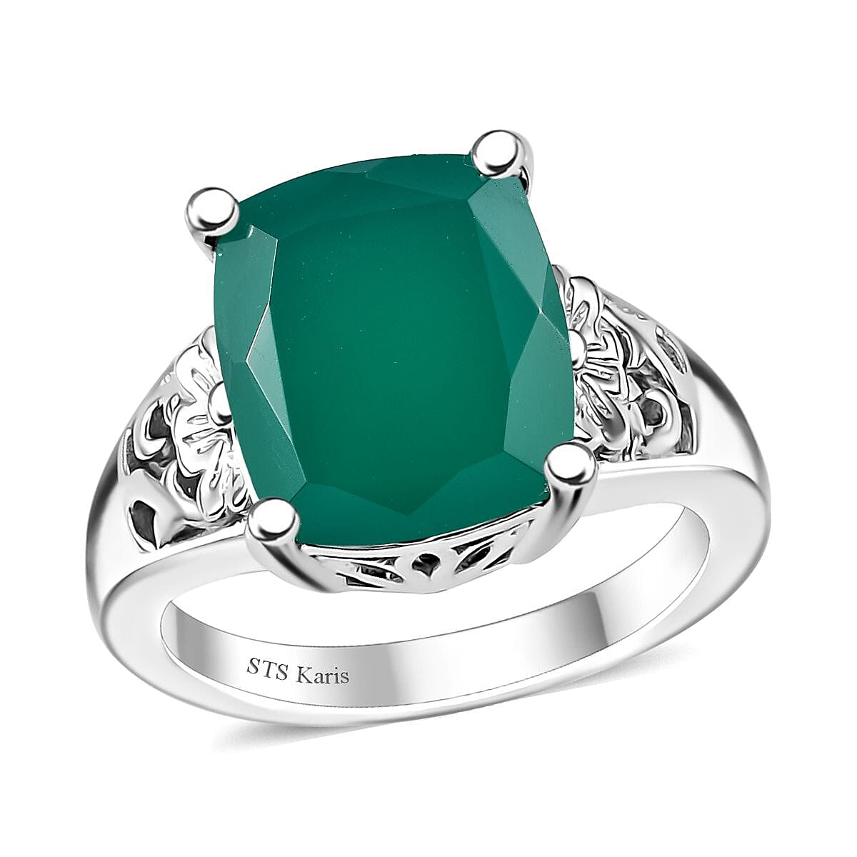 Karis Green Onyx 13.60 ctw Lever Back Earrings, Blooming Grace Ring (Size 7.0) and Pendant in Platinum Bond with Stainless Steel Necklace 20 Inches image number 4