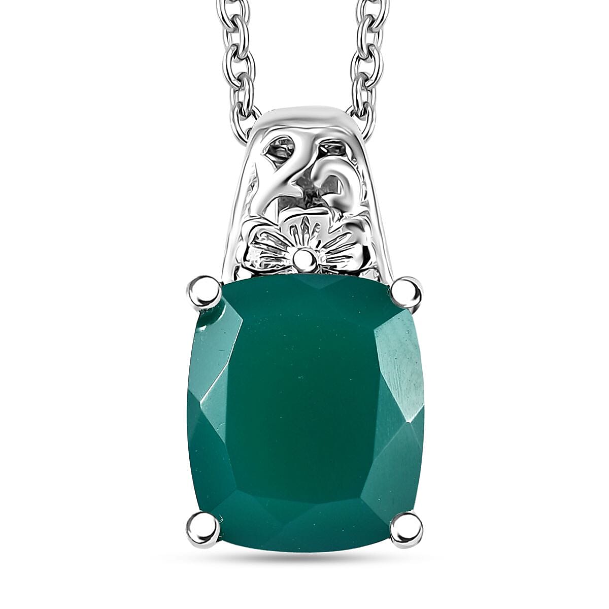 Karis Green Onyx 13.60 ctw Lever Back Earrings, Blooming Grace Ring (Size 7.0) and Pendant in Platinum Bond with Stainless Steel Necklace 20 Inches image number 7