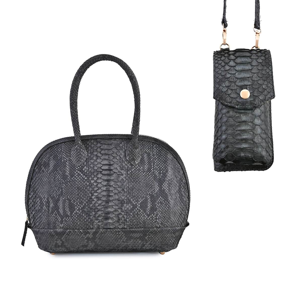 Doorbuster The Grand Pelle Black Color 100% Genuine Python Leather Tote Bag and Cell Phone Bag image number 0