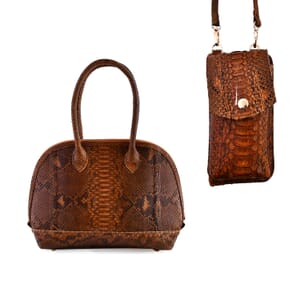 The Grand Pelle Brown Color 100% Genuine Python Leather Tote Bag and Cell Phone Bag