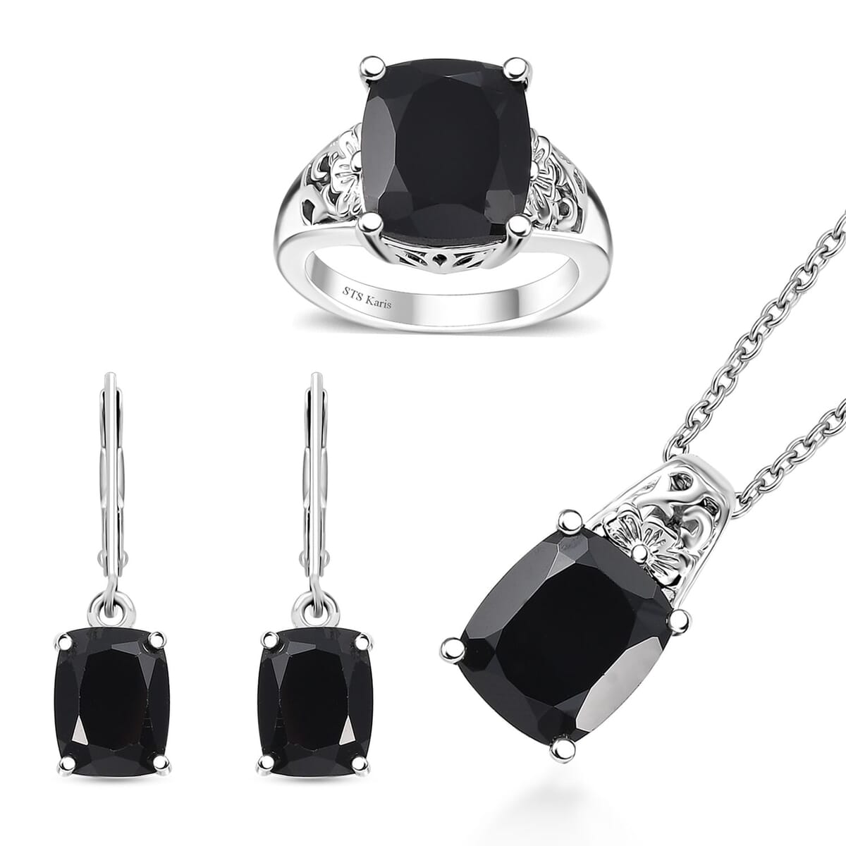 Karis Thai Black Spinel 19.80 ctw Lever Back Earrings, Blooming Grace Ring (Size 8.0) Pendant in Platinum Bond with Stainless Steel Necklace 20 Inches image number 0