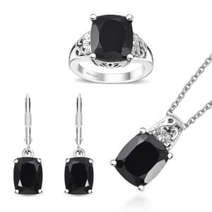 Karis Thai Black Spinel 19.80 ctw Lever Back Earrings, Blooming Grace Ring (Size 8.0) Pendant in Platinum Bond with Stainless Steel Necklace 20 Inches