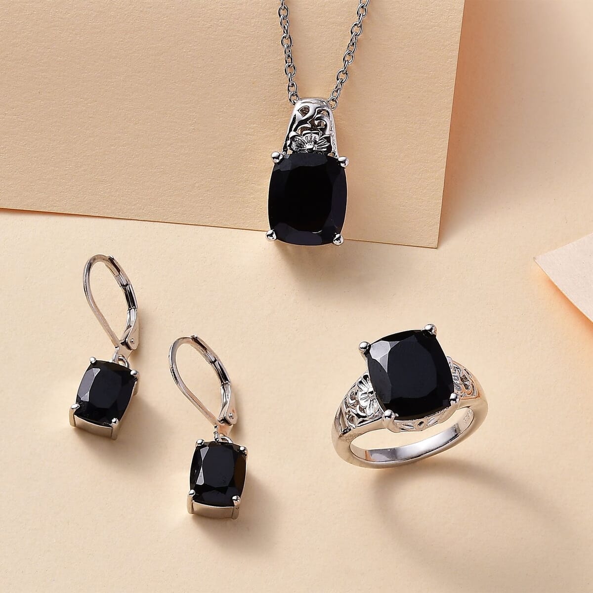 Karis Thai Black Spinel 19.80 ctw Lever Back Earrings, Blooming Grace Ring (Size 8.0) Pendant in Platinum Bond with Stainless Steel Necklace 20 Inches image number 1