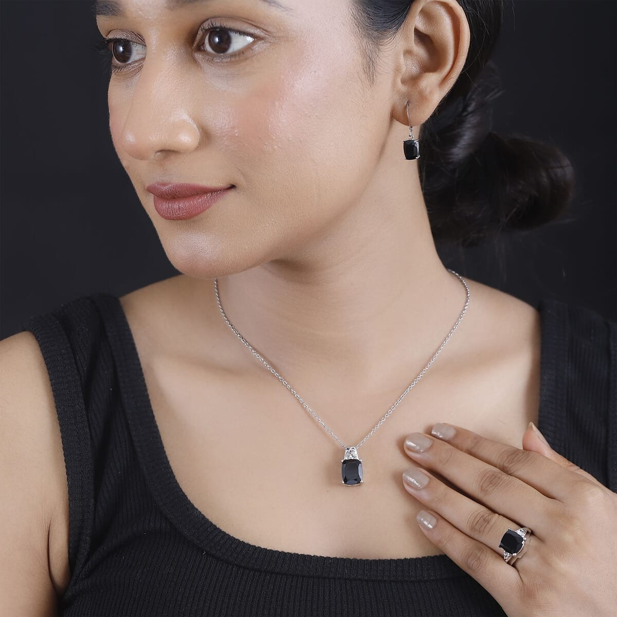 Karis Thai Black Spinel 19.80 ctw Lever Back Earrings, Blooming Grace Ring (Size 8.0) Pendant in Platinum Bond with Stainless Steel Necklace 20 Inches image number 3