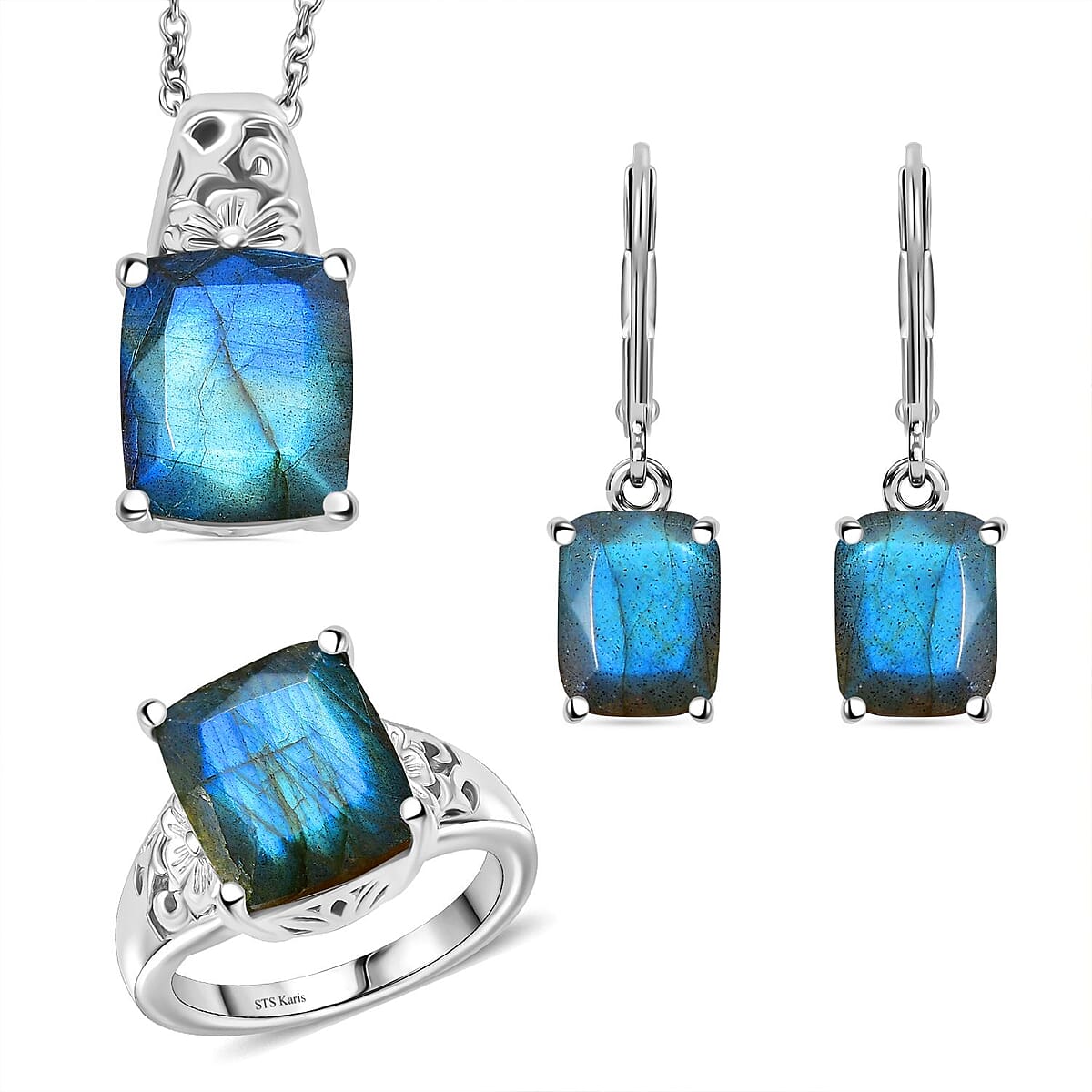 Karis Malagasy Labradorite 14.60 ctw Lever Back Earrings, Blooming Grace Ring (Size 8.0) and Pendant in Platinum Bond with Stainless Steel Necklace 20 Inches image number 0