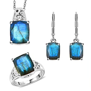 Karis Malagasy Labradorite 14.60 ctw Lever Back Earrings, Blooming Grace Ring (Size 8.0) and Pendant in Platinum Bond with Stainless Steel Necklace 20 Inches