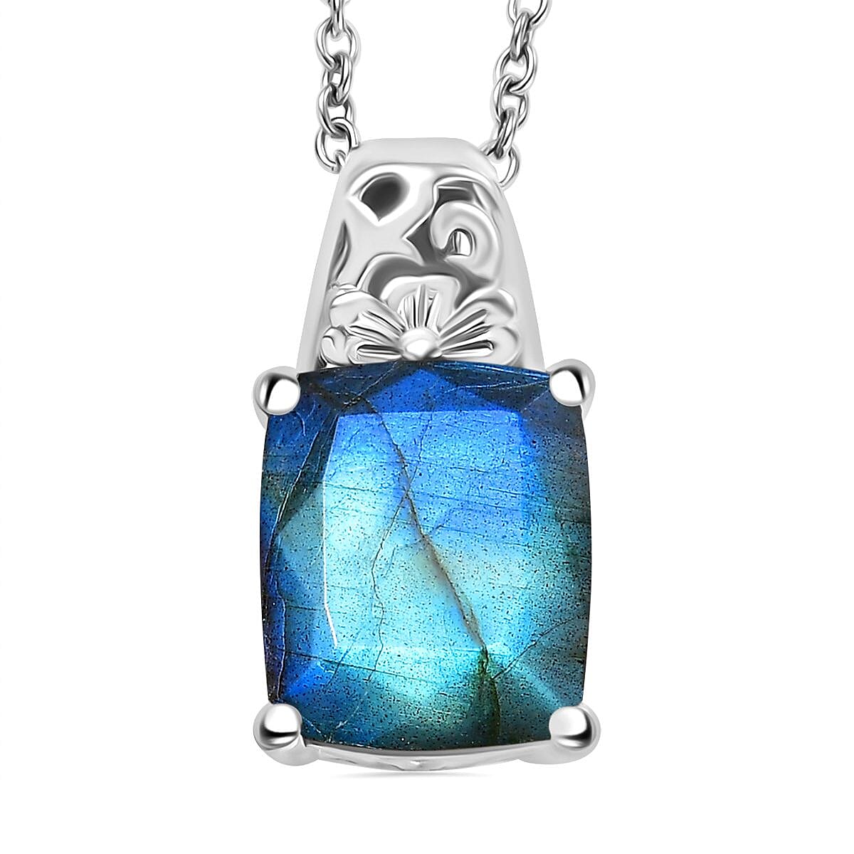 Karis Malagasy Labradorite 14.60 ctw Lever Back Earrings, Blooming Grace Ring (Size 8.0) and Pendant in Platinum Bond with Stainless Steel Necklace 20 Inches image number 5