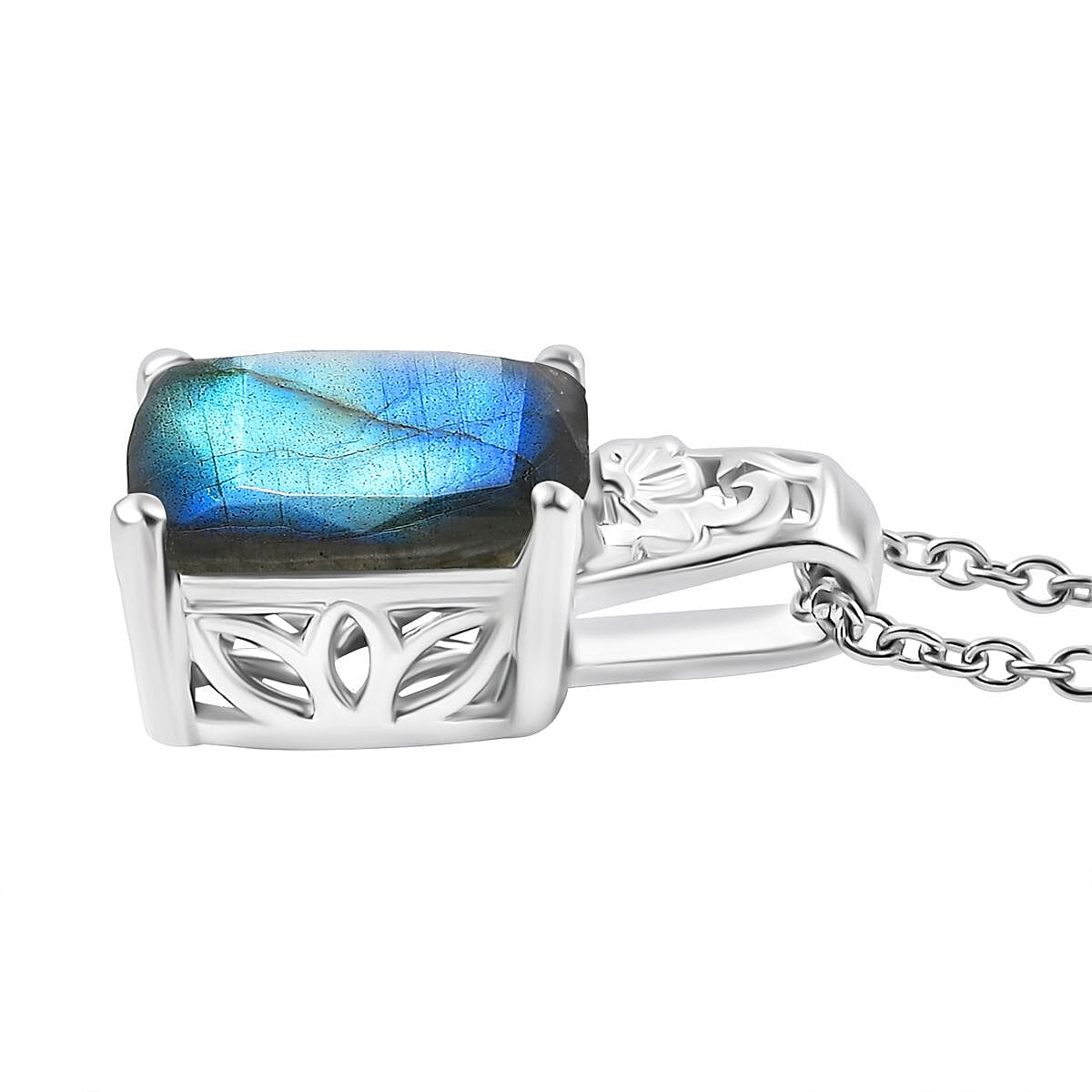 Karis Malagasy Labradorite 14.60 ctw Lever Back Earrings, Blooming Grace Ring (Size 8.0) and Pendant in Platinum Bond with Stainless Steel Necklace 20 Inches image number 6