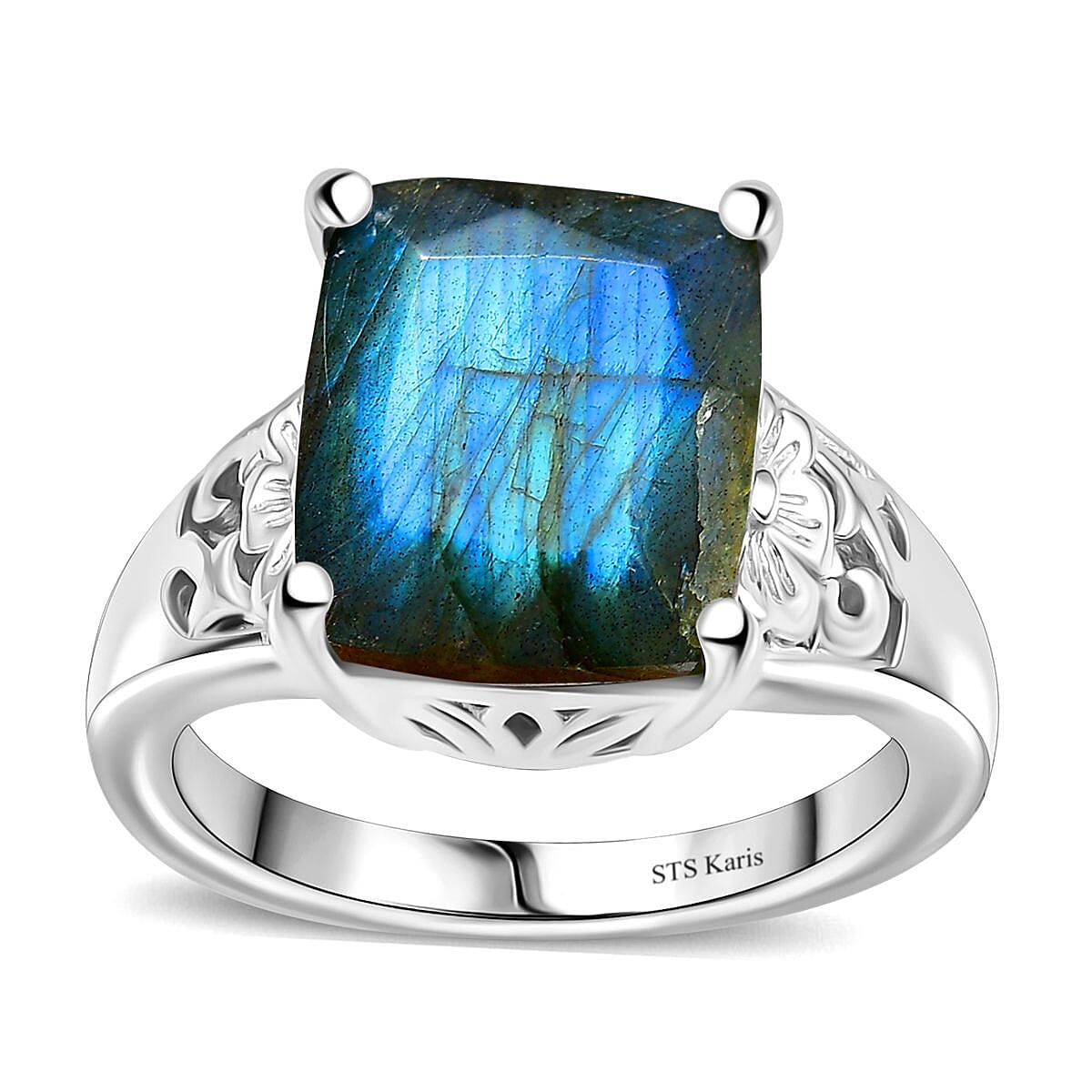 Karis Malagasy Labradorite 14.60 ctw Lever Back Earrings, Blooming Grace Ring (Size 9.0) and Pendant in Platinum Bond with Stainless Steel Necklace 20 Inches image number 3