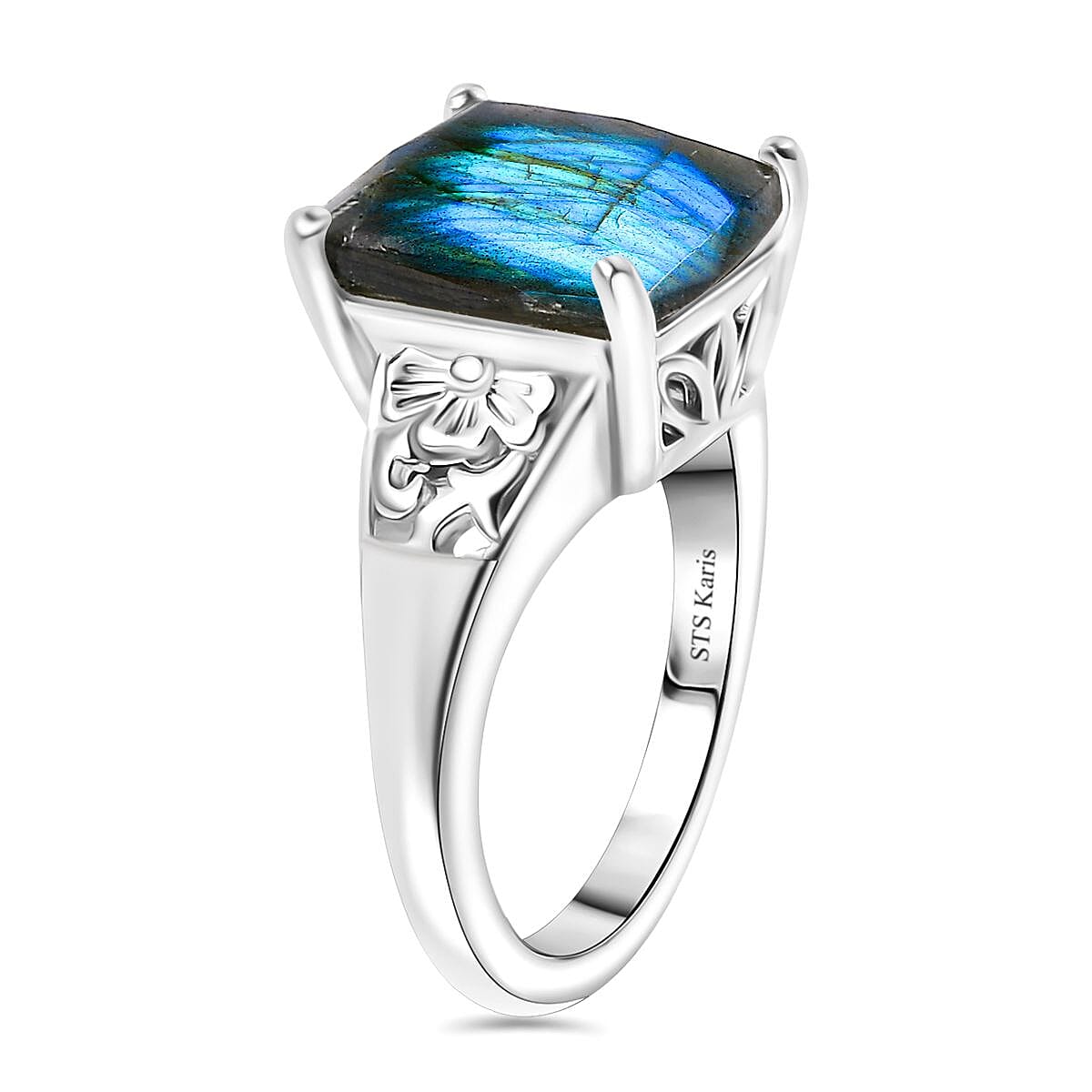 Karis Malagasy Labradorite 14.60 ctw Lever Back Earrings, Blooming Grace Ring (Size 9.0) and Pendant in Platinum Bond with Stainless Steel Necklace 20 Inches image number 4