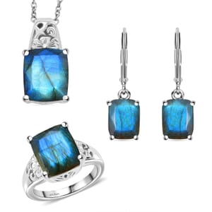 Karis Malagasy Labradorite 14.60 ctw Lever Back Earrings, Blooming Grace Ring (Size 10.0) and Pendant in Platinum Bond with Stainless Steel Necklace 20 Inches