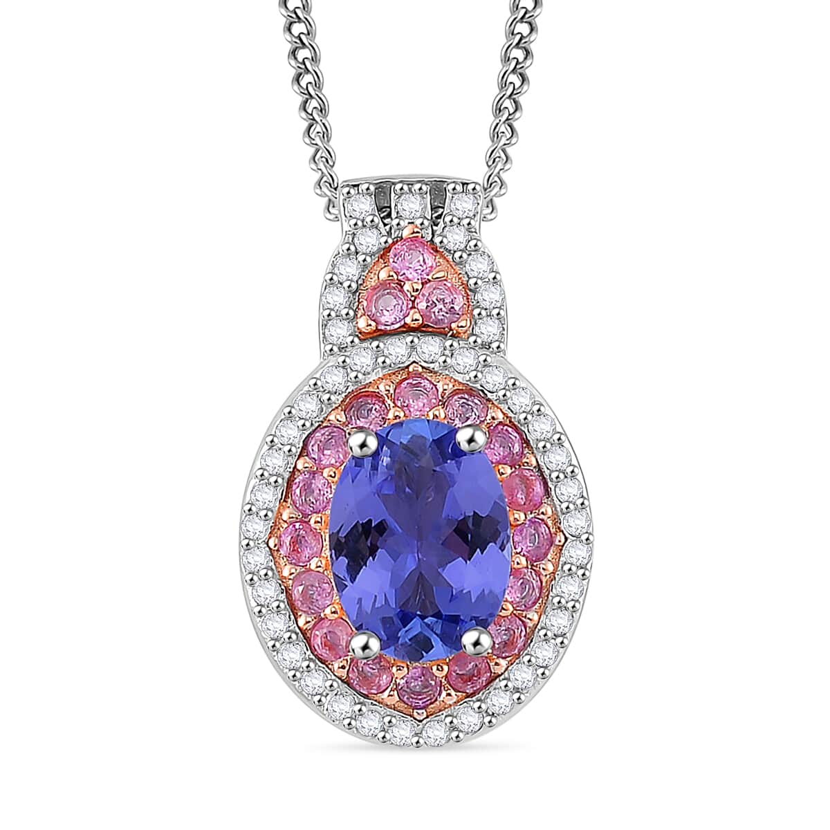 Tanzanite and Multi Gemstone 1.85 ctw Double Halo Pendant Necklace in Vermeil RG and Rhodium Over Sterling Silver 20 Inches image number 0