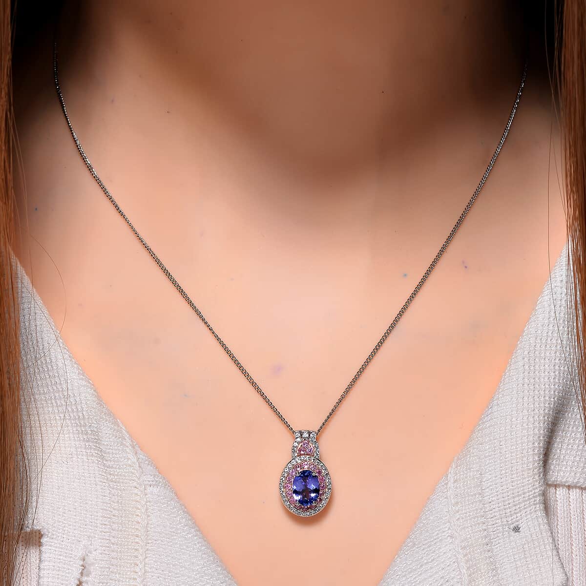 Tanzanite and Multi Gemstone 1.85 ctw Double Halo Pendant Necklace in Vermeil RG and Rhodium Over Sterling Silver 20 Inches image number 1