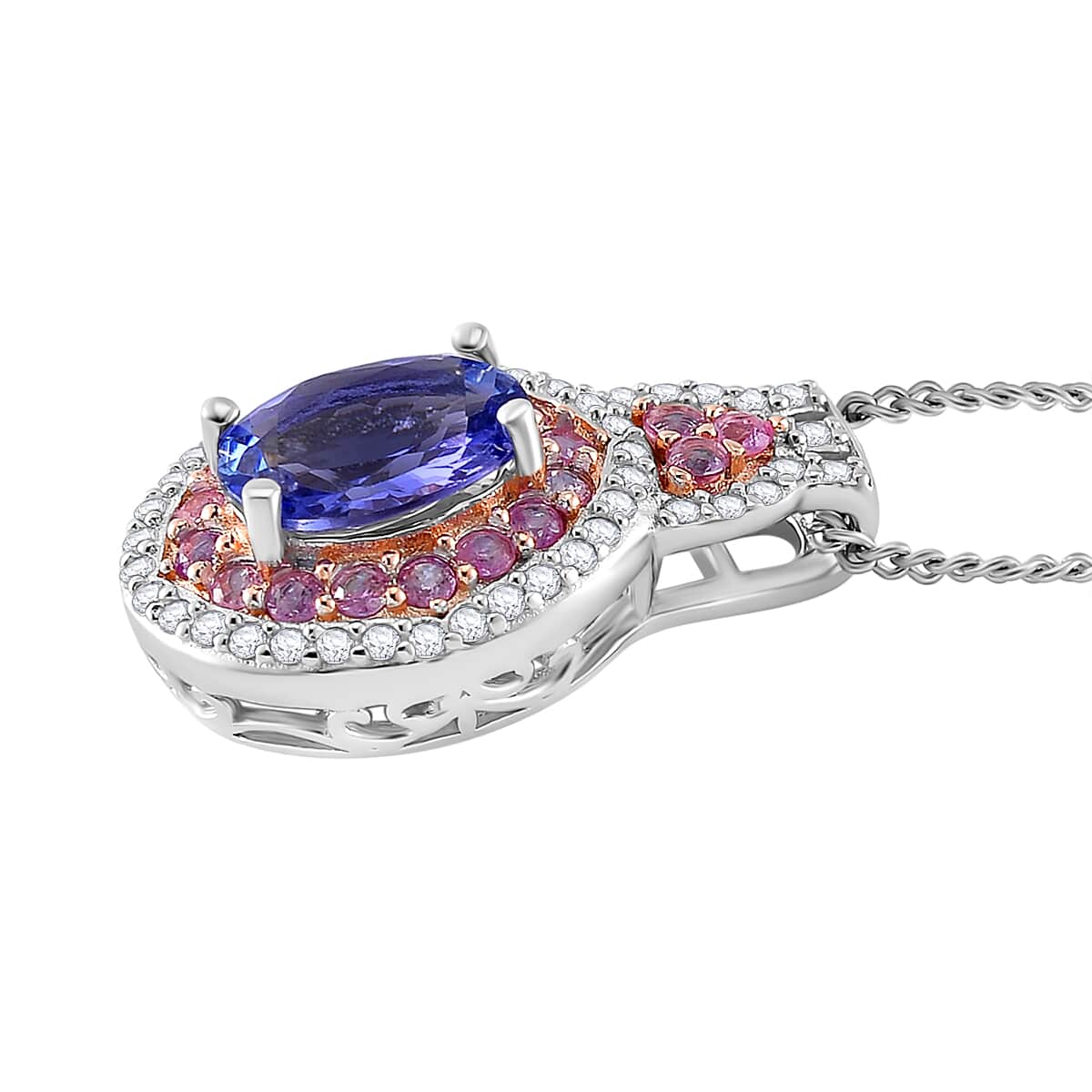 Tanzanite and Multi Gemstone 1.85 ctw Double Halo Pendant Necklace in Vermeil RG and Rhodium Over Sterling Silver 20 Inches image number 2