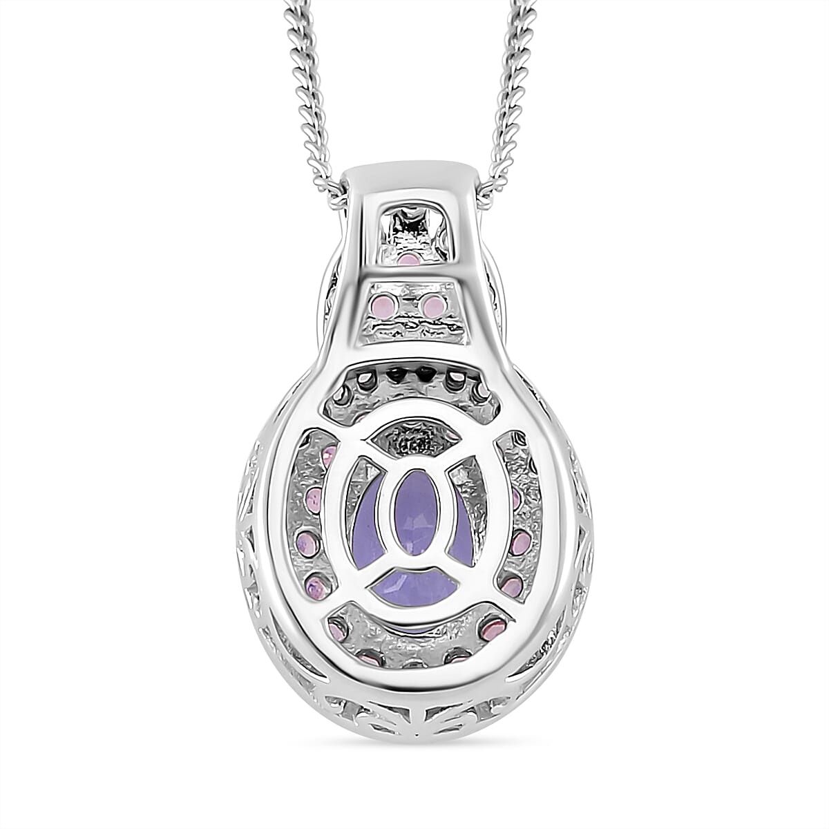 Tanzanite and Multi Gemstone 1.85 ctw Double Halo Pendant Necklace in Vermeil RG and Rhodium Over Sterling Silver 20 Inches
