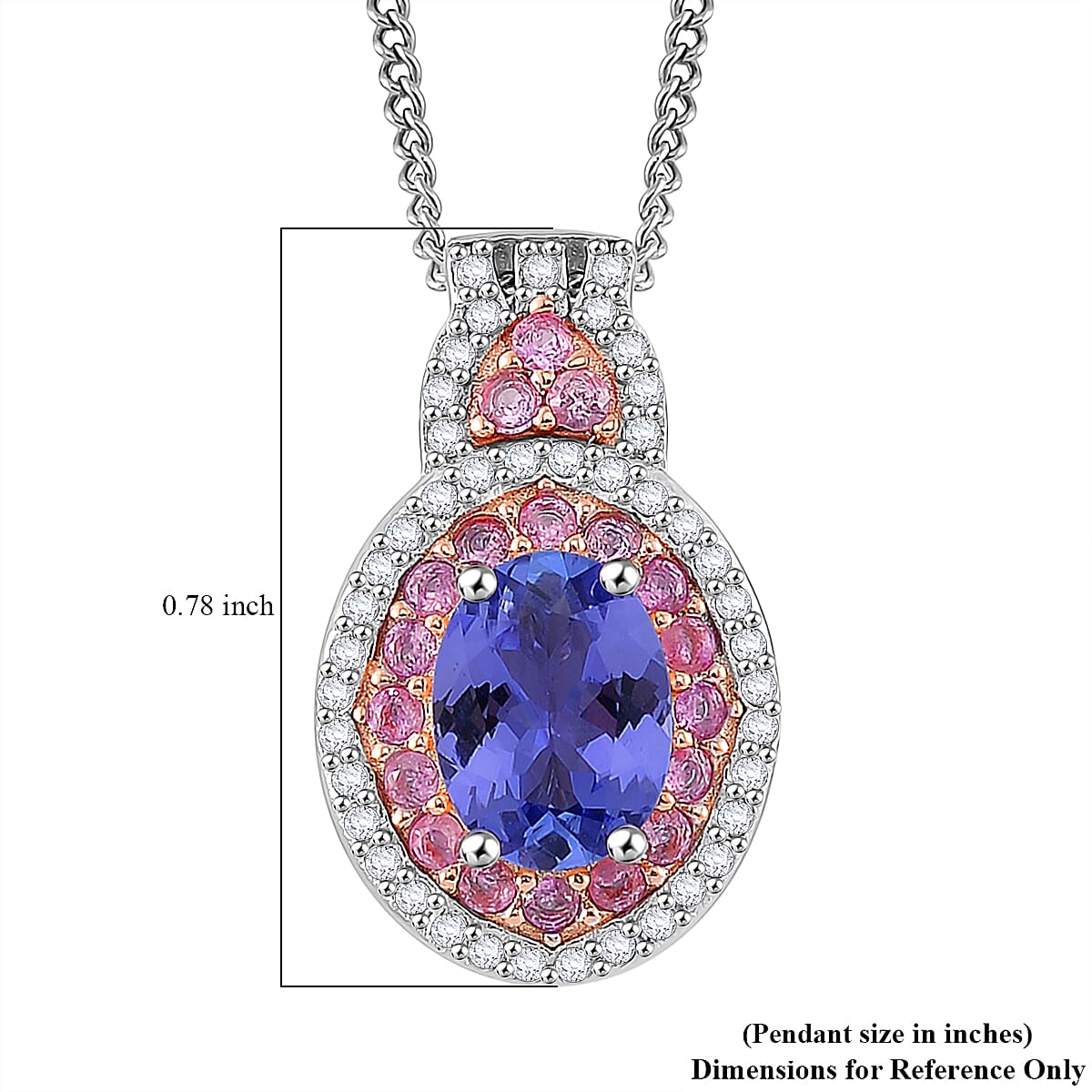 Tanzanite and Multi Gemstone 1.85 ctw Double Halo Pendant Necklace in Vermeil RG and Rhodium Over Sterling Silver 20 Inches