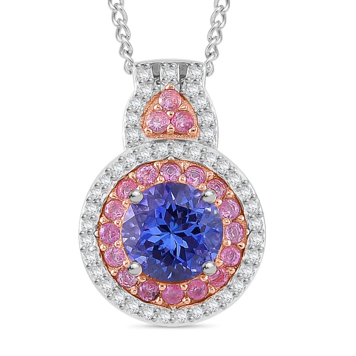 Tanzanite and Multi Gemstone 1.90 ctw Double Halo Pendant Necklace in Vermeil RG and Rhodium Over Sterling Silver 20 Inches image number 0