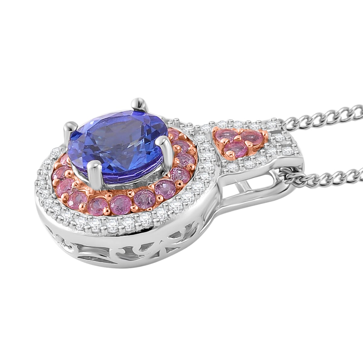 Tanzanite and Multi Gemstone 1.90 ctw Double Halo Pendant Necklace in Vermeil RG and Rhodium Over Sterling Silver 20 Inches image number 2