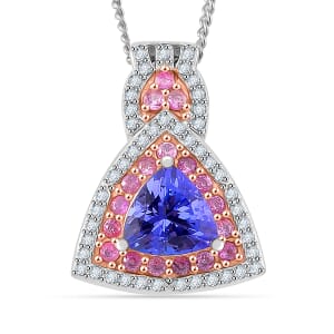 Tanzanite and Multi Gemstone 1.80 ctw Double Halo Pendant Necklace in Vermeil RG and Rhodium Over Sterling Silver 20 Inches