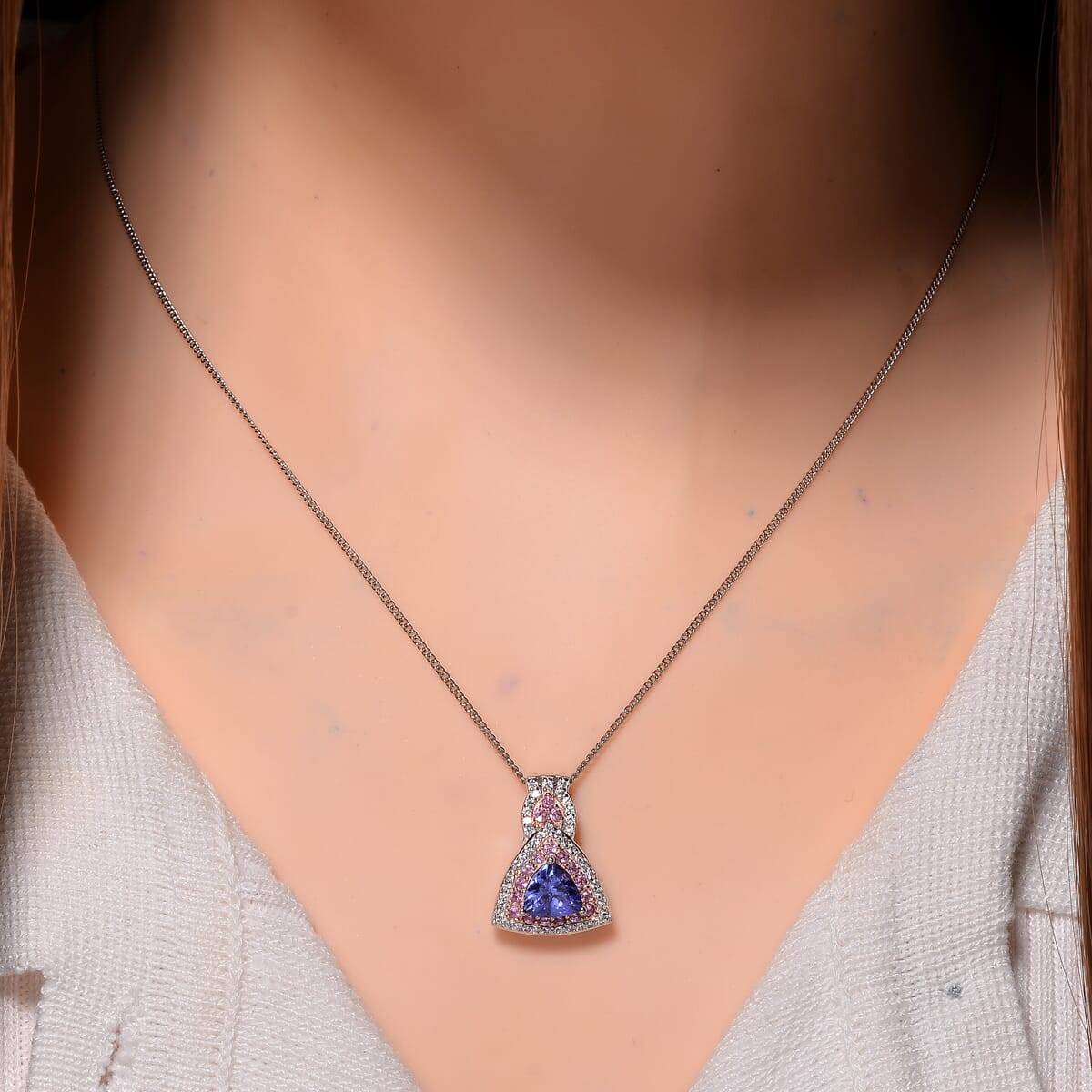 Tanzanite and Multi Gemstone 1.80 ctw Double Halo Pendant Necklace in Vermeil RG and Rhodium Over Sterling Silver 20 Inches image number 1