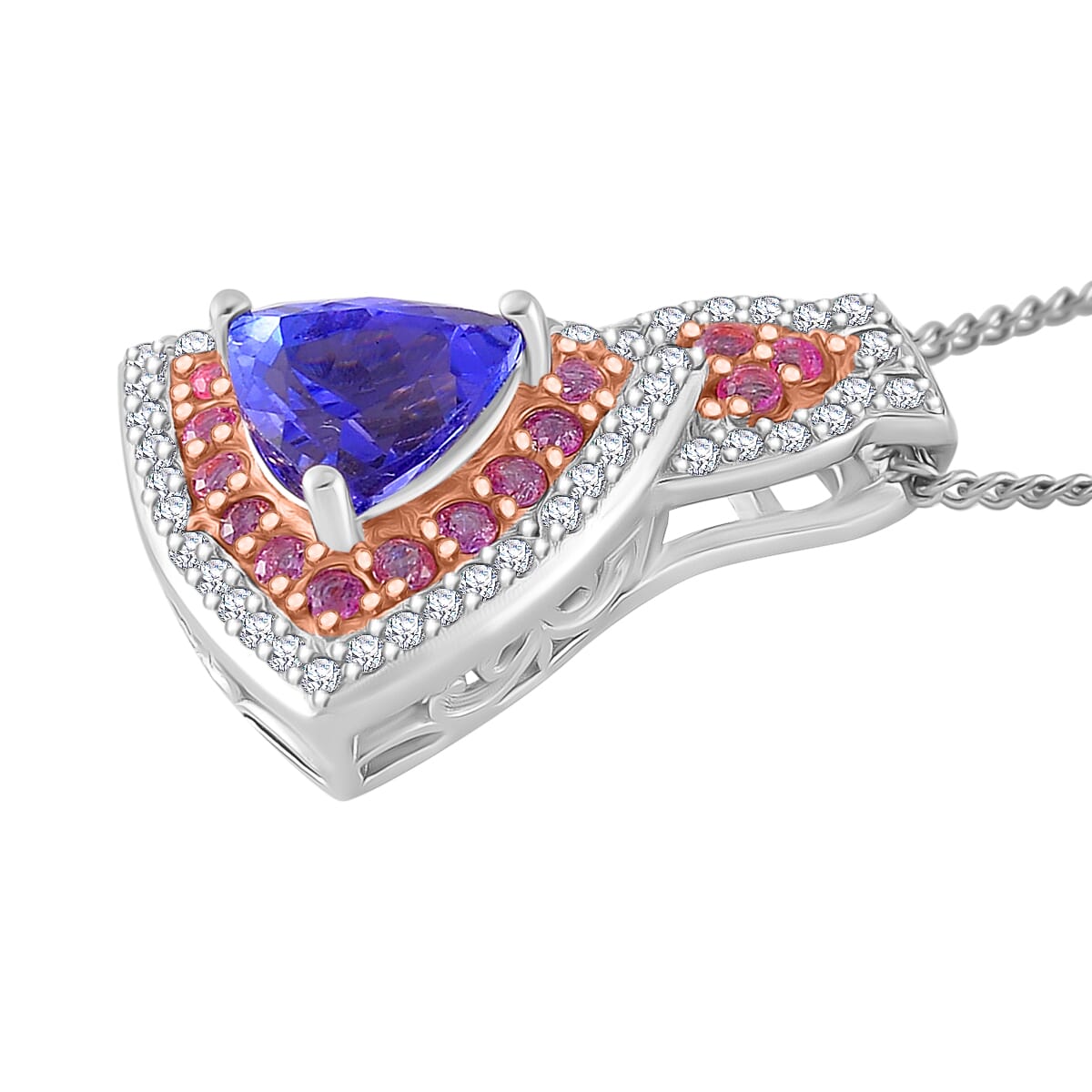 Tanzanite and Multi Gemstone 1.80 ctw Double Halo Pendant Necklace in Vermeil RG and Rhodium Over Sterling Silver 20 Inches image number 2