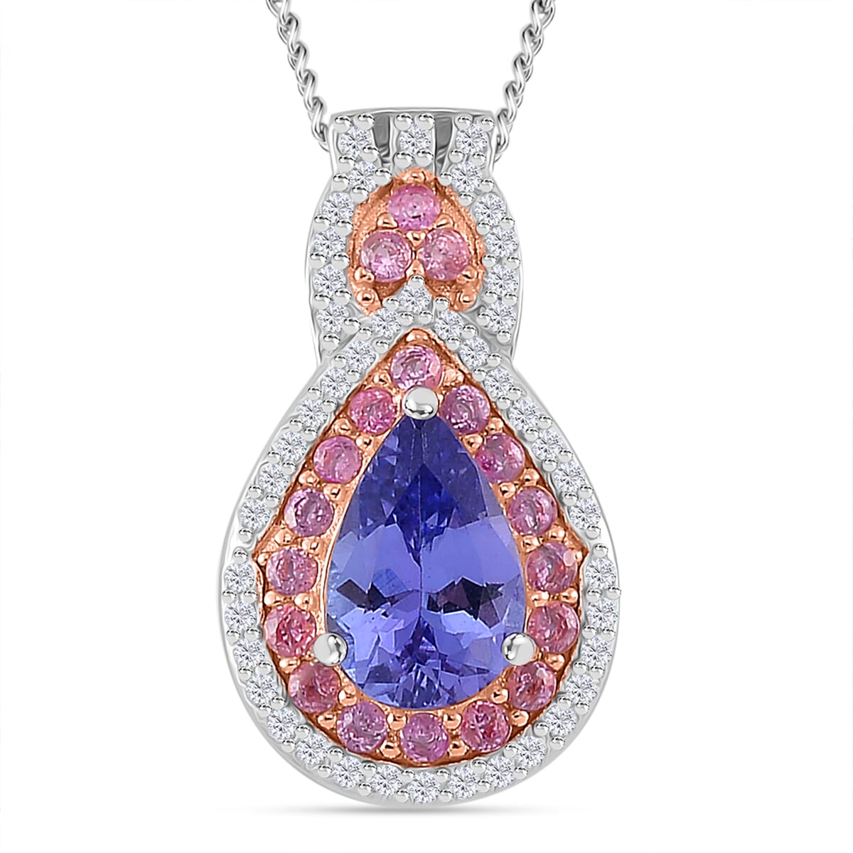 Tanzanite and Multi Gemstone 1.65 ctw Double Halo Pendant Necklace in Vermeil RG and Rhodium Over Sterling Silver 20 Inches image number 0