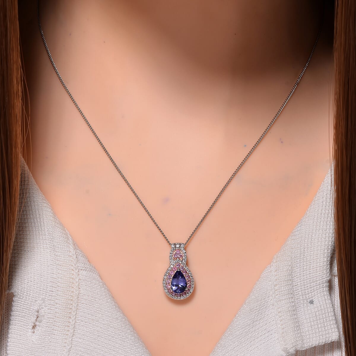 Tanzanite and Multi Gemstone 1.65 ctw Double Halo Pendant Necklace in Vermeil RG and Rhodium Over Sterling Silver 20 Inches image number 1