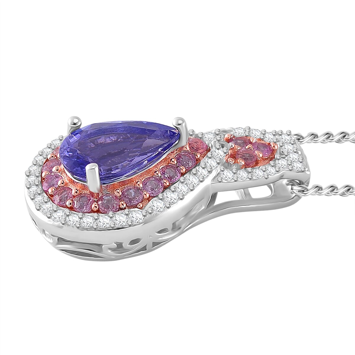Tanzanite and Multi Gemstone 1.65 ctw Double Halo Pendant Necklace in Vermeil RG and Rhodium Over Sterling Silver 20 Inches image number 2