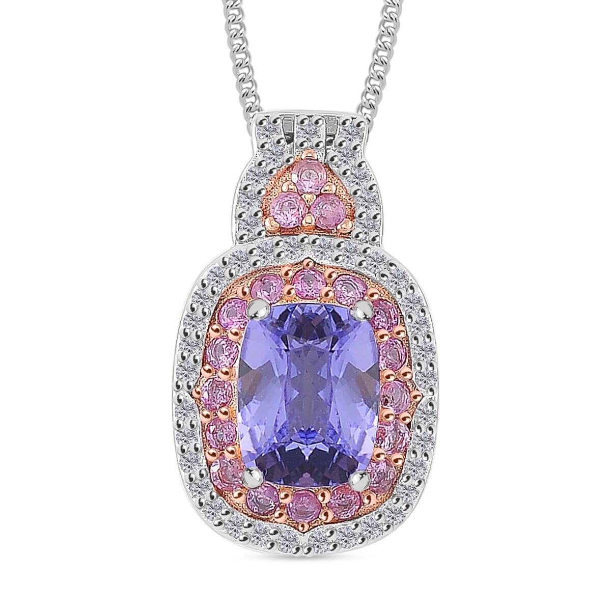 Tanzanite and Multi Gemstone 1.90 ctw Double Halo Pendant Necklace in Vermeil RG and Rhodium Over Sterling Silver 20 Inches image number 0