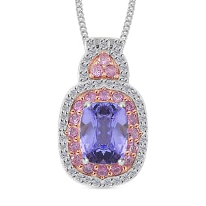 Tanzanite and Multi Gemstone 1.90 ctw Double Halo Pendant Necklace in Vermeil RG and Rhodium Over Sterling Silver 20 Inches