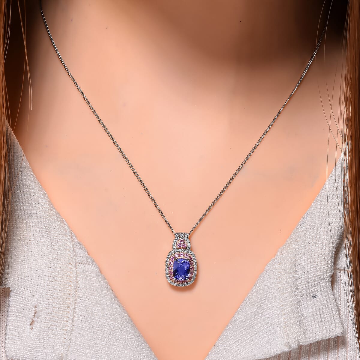 Tanzanite and Multi Gemstone 1.90 ctw Double Halo Pendant Necklace in Vermeil RG and Rhodium Over Sterling Silver 20 Inches image number 1
