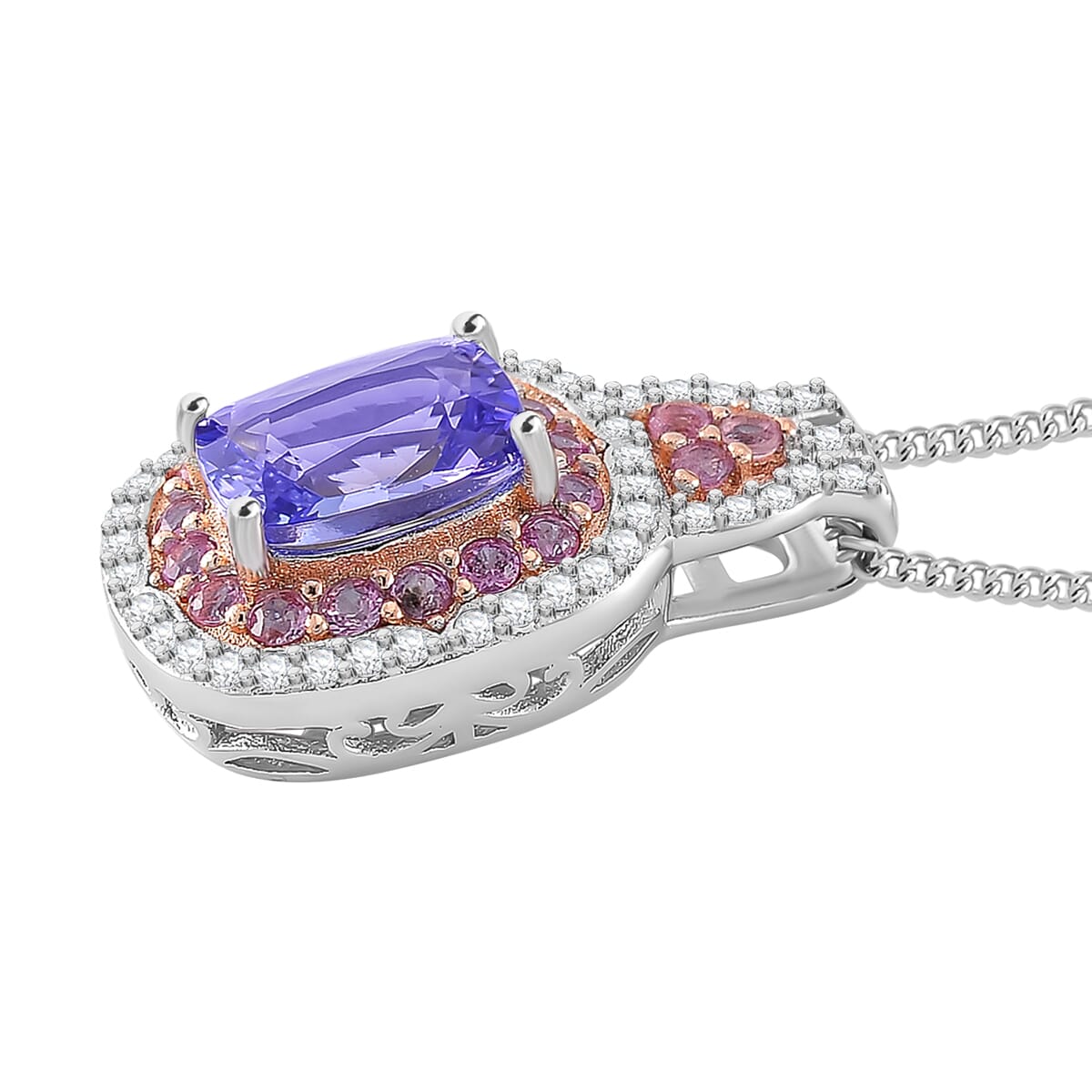 Tanzanite and Multi Gemstone 1.90 ctw Double Halo Pendant Necklace in Vermeil RG and Rhodium Over Sterling Silver 20 Inches image number 2
