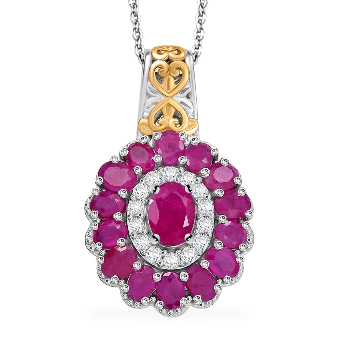 Royal Ruby and White Zircon 5.00 ctw Floret Pendant Necklace in 18K Vermil YG and Rhodium Sterling Silver 20 Inches image number 0