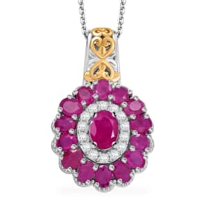 Royal Ruby and White Zircon 5.00 ctw Floret Pendant Necklace in 18K Vermil YG and Rhodium Sterling Silver 20 Inches