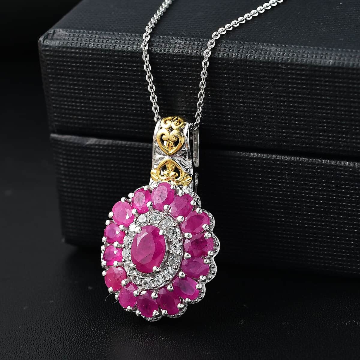 Royal Ruby and White Zircon 5.00 ctw Floret Pendant Necklace in 18K Vermil YG and Rhodium Sterling Silver 20 Inches image number 1