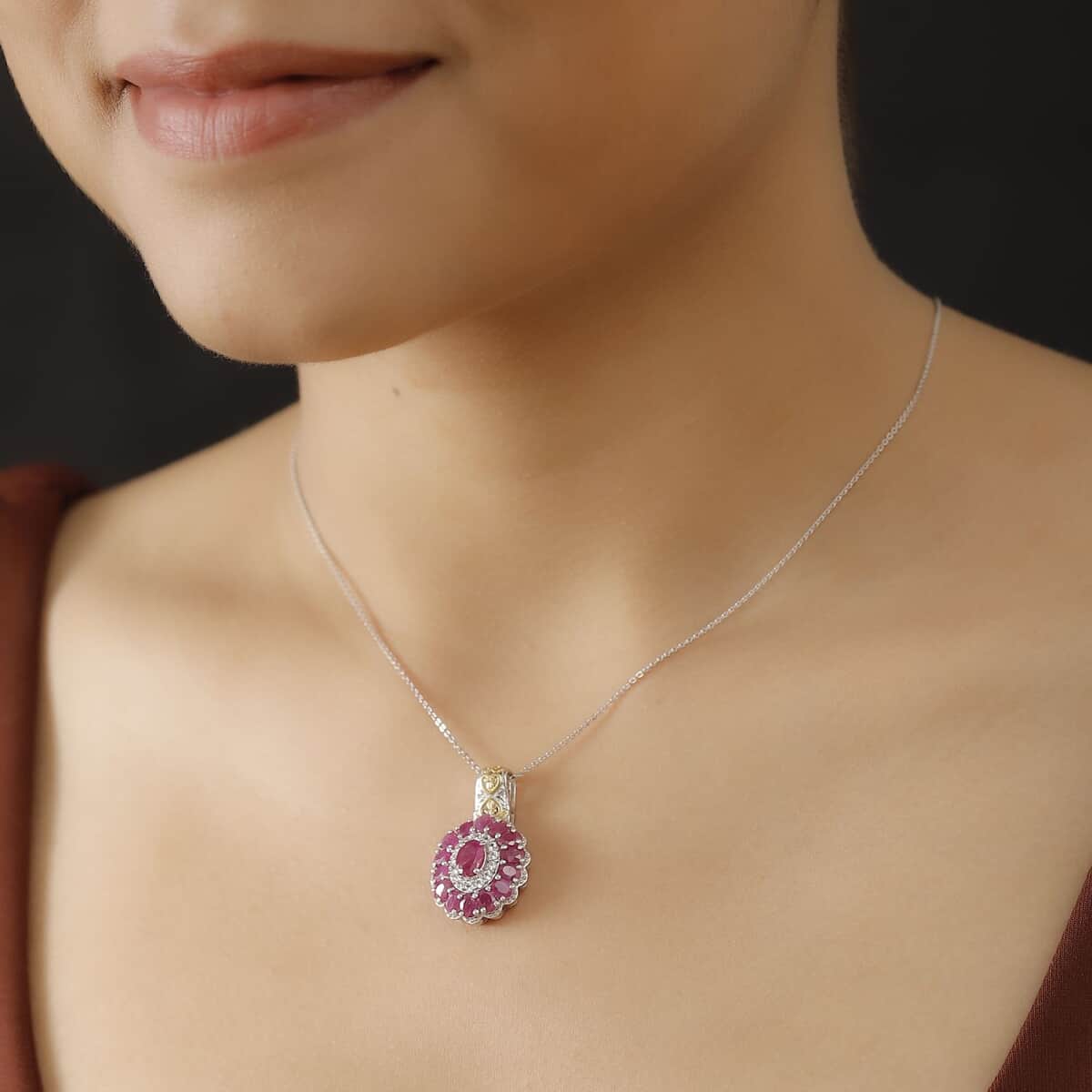 Royal Ruby and White Zircon 5.00 ctw Floret Pendant Necklace in 18K Vermil YG and Rhodium Sterling Silver 20 Inches image number 2