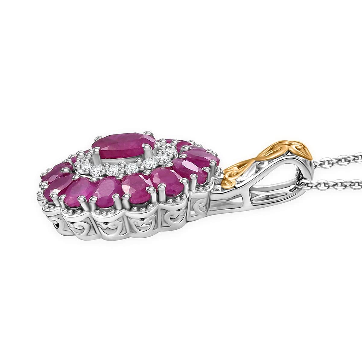 Royal Ruby and White Zircon 5.00 ctw Floret Pendant Necklace in 18K Vermil YG and Rhodium Sterling Silver 20 Inches image number 3