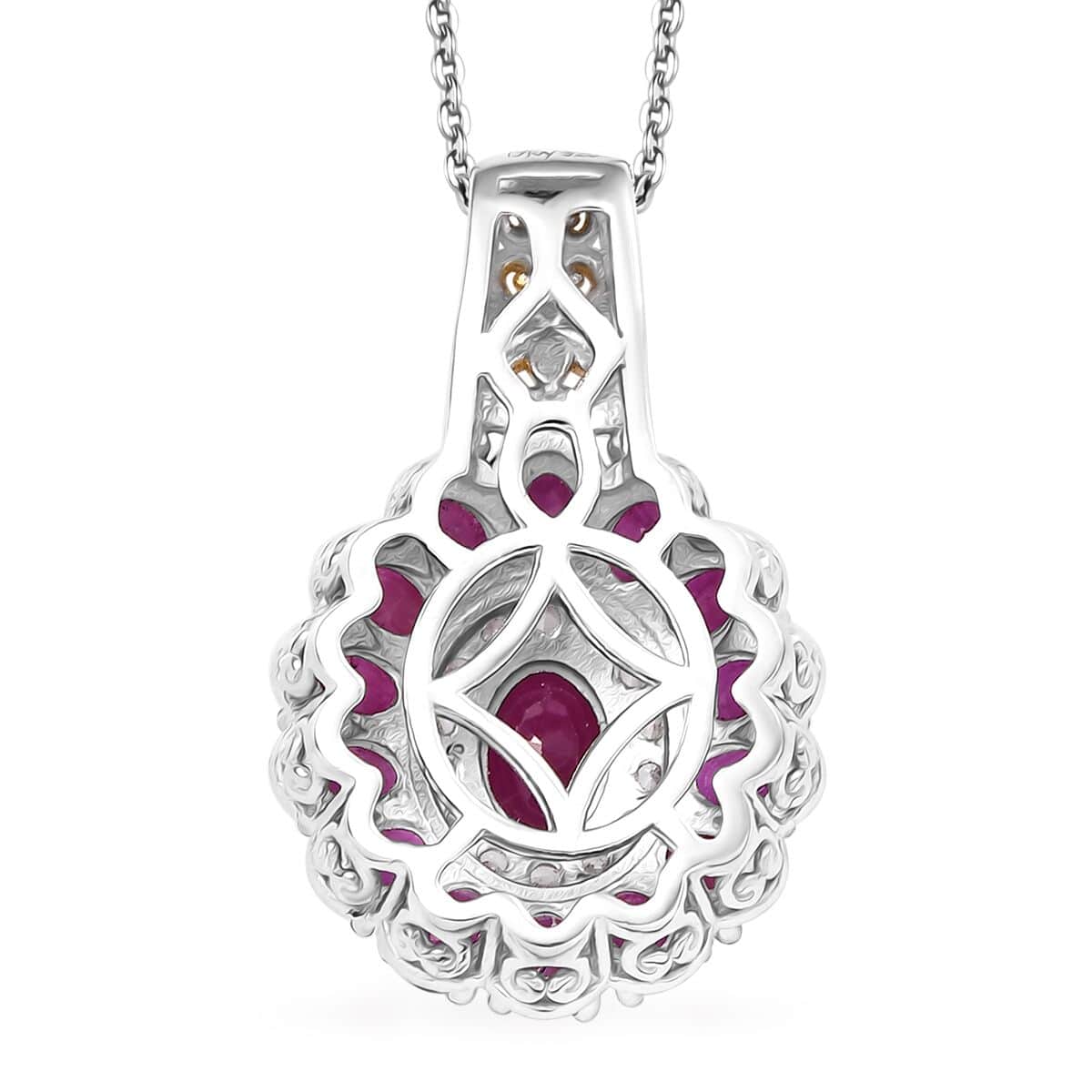 Royal Ruby and White Zircon 5.00 ctw Floret Pendant Necklace in 18K Vermil YG and Rhodium Sterling Silver 20 Inches image number 4